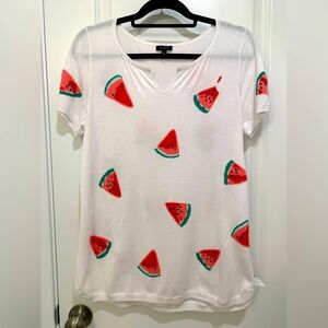 Talbots White Watermelon V-Neck Short Sleeve Top Fine Knit Sweater Size Medium